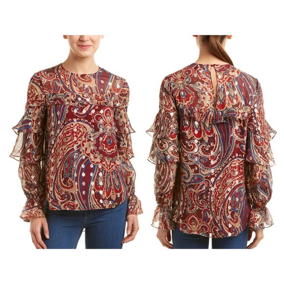 Haute Hippie Kennedy Metallic Ruffle Silk-Blend Blouse Size Medium NWT Paisley - Picture 1 of 14